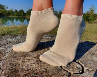 3x SET 100% Organic Cotton Ankle Socks; Pure certified undyed natural cotton; Low cut thin vegan moisture-wicking socks; Made in Italy