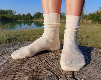 3x SET 100% Organic Cotton Socks; Plain mid calf socks; Pure certified undyed natural white; Eco beige breathable crew socks; Made in Italy