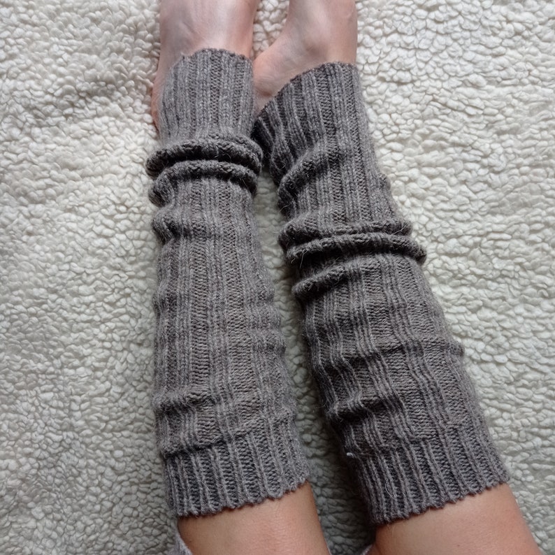 Italian Alpaca Wool Leg Warmers Long knitted thick wool socks Weaven knee high leg warmers Flip flop yoga dance socks Made in Italy Brown