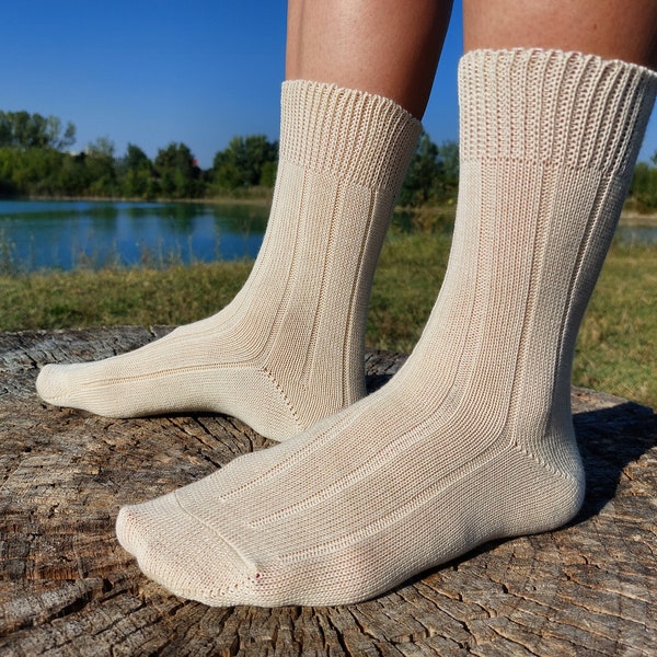 3x SET biologische katoenen sokken; Puur natuurlijke kleur, ongeverfde crew-sokken; Slouch, niet-dringend, comfortabel; Dik en absorberend; Gemaakt in Italië