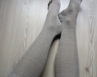 SET 3x 100% Linen Knee High Long Socks; Undyed natural gray beige ecru socks; Breathable, moisture-wicking hiking socks; Made in Italy