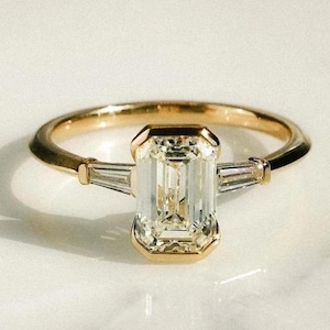 3 CT Emerald Cut Engagement Ring 14K Solid Gold Ring Three Stone Moissanite Baguette Ring Thank you Gifts Anniversary Gift Rings For Women