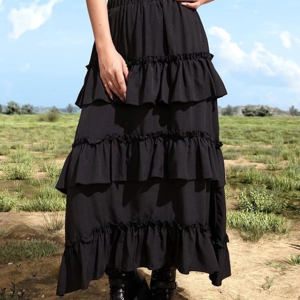 Designer Flamenco Skirts, black Bally dance skirt, Vintage Pleated Maxi Chiffon Skirt High Waist Midi Elastic A Line Long Women Gift for her