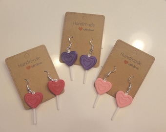 3D Gedruckte Herz Lollipop Ohrhänger Ohrringe | Silber Haken | Groß oder Klein