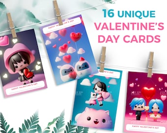 16 Valentine's Day cards cute Kawaii style - valentines day for kids and adults, cards with hearts, love, printable instant download, diy