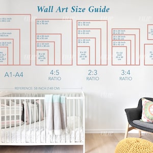 Guida alle dimensioni delle stampe da parete per la cameretta dei bambini, dimensioni della cornice, dimensioni della stampa, dimensioni del poster, proporzioni per la cameretta dei bambini 2x3, 3x4, 4x5, 5x7, 11x14 e A1 A2 A3 A4