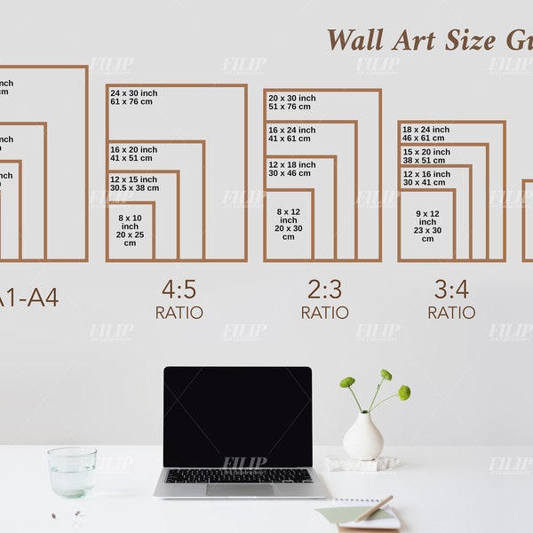 Wall Art Size Guide, Frame Size Guide, Digital Print Size Mockup, Poster Size, desk and laptop Ratio 2x3, 3x4, 4x5, 5x7, 11x14 and A1 to A4
