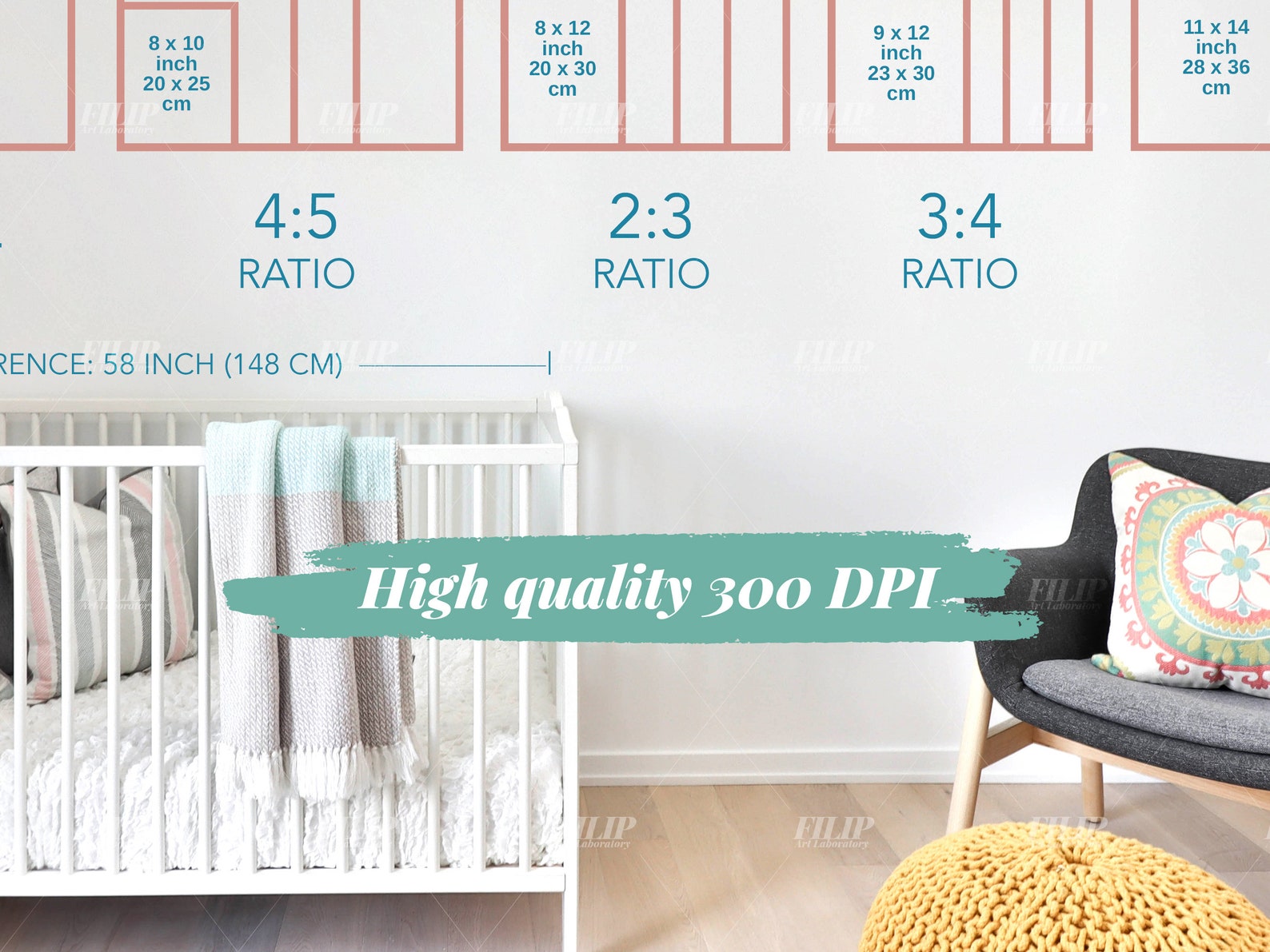 Nursery Wall Art Size Guide, Frame Size, Print Size Mockup, Poster Size