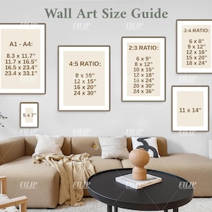 May include: Wall art size guide showing framed examples in various ratios, including A1-A4, 4:5, 2:3, and 3:4. Sizes are listed in inches, such as 20 x 25 cm, 30 x 38 cm, and 41 x 51 cm. The image is set in a living room.