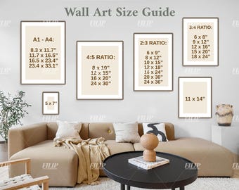 Wall Art Size Guide, Frame Size Guide, Wall Display Guide, Print Size Guide, Poster Size Chart with Frame Aspect Ratio in Boho Sofa Interior