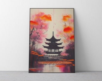 Japanese Landscape painting with Pagoda Temple and Cherry Blossom - Digital Art Print, AI Wall Art Illustration