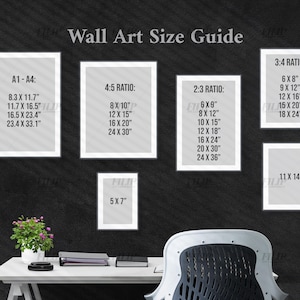 Wall Art Size Guide, Frame Size Guide, Digital Print Size Mockup, Poster Size, dark room with desk Ratio A1 to A4 2x3, 3x4, 4x5, 5x7, 11x14