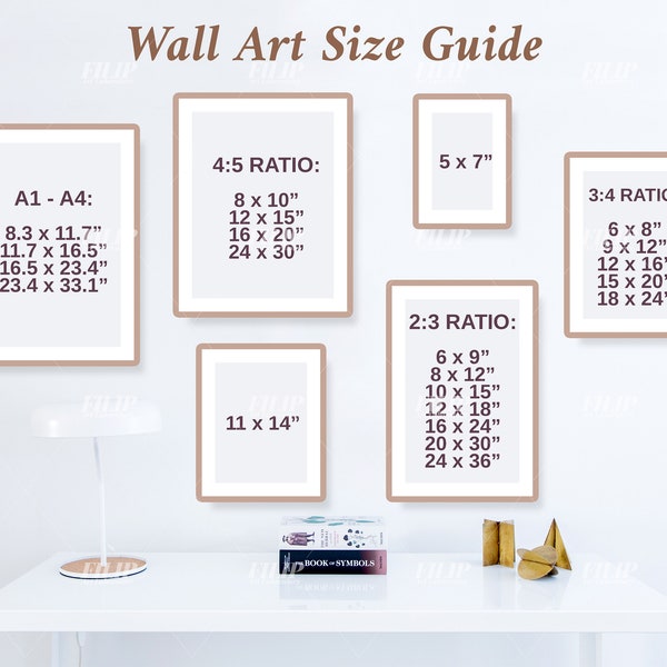 Wall Art Size Guide, Frame Size Guide, Digital Print Size Mockup, Poster Size, desk and lamp Ratio A1 to A4 2x3, 3x4, 4x5, 5x7, 11x14