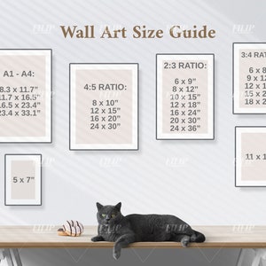 Wall Art Size Guide, Frame Size Guide, Digital Print Size Mockup, Poster Size, cat on desk Ratio A1 to A4 2x3, 3x4, 4x5, 5x7, 11x14