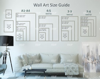 Wall Art Size Guide, Frame Size Guide, Digital Print Size Mockup, Poster Size, Ratio A1 to A4 2x3, 3x4, 4x5, 5x7, 11x14 Modern Sofa Interior