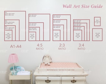 Nursery Wall Art Size Guide, Frame Size, Print Size Mockup, Poster Size, nursery kid room Ratio 2x3, 3x4, 4x5, 5x7, 11x14 and A1 to A4
