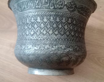 Persian Safavid Style Tinned Copper Bowl, Kaskul Form, with Chased Calligraphy
