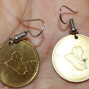 Iraq- Earrings of coin 50 dinars, 2004. Post Saddam Hussein era, real coin- Iraq map- Baghdad- Mesopotamia