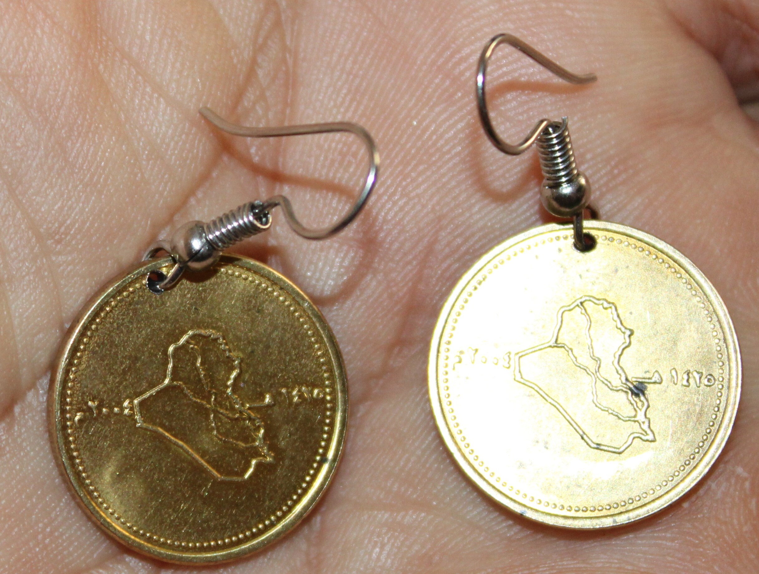 Iraq- Earrings of coin 50 dinars, 2004. Post Saddam Hussein era, real coin- Iraq map- Baghdad- Mesopotamia