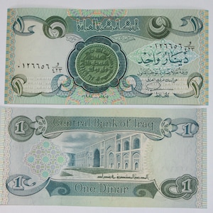 May include: An Iraqi banknote in green and blue colours with the text "Central Bank of Iraq" and "One Dinar" printed on it. The front of the banknote features a building with a large archway and the back of the banknote features a circular design with Arabic text.