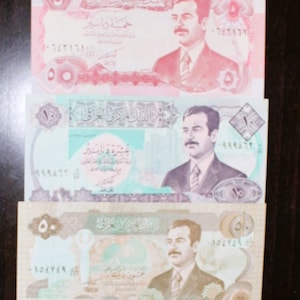 Irak. Lot de 7 billets de Saddam Hussein (unc). Problèmes d'urgence. Mésopotamie, Babylone-Bagdad. (Problème local. Pas de filigrane)