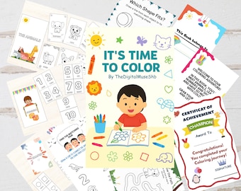 May include: A collection of children's coloring and activity pages. The cover of the main book reads "It's Time to Color" with a child drawing. Other pages include animal coloring pages, number recognition, shape matching, and a certificate of achievement.