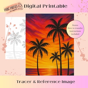 Puede incluir: Impresión digital de una escena de puesta de sol con palmeras. La imagen incluye un trazador y una imagen de referencia. La imagen de referencia muestra una puesta de sol colorida con cuatro palmeras silueteados contra el cielo. La imagen del trazador es un contorno en blanco y negro de las palmeras.