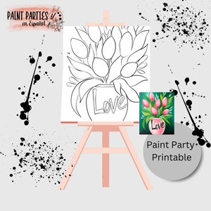 May include: A black and white line drawing of a vase of tulips with the word "Love" on the vase. A smaller image shows a painted version of the same vase with pink tulips and a green background. The text "Paint Party Printable" is below the images.