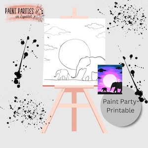 Puede incluir: Un diseño de pintura de fiesta imprimible que presenta un contorno en blanco y negro de dos elefanten caminando frente a un gran sol y nubes. El diseño está en un lienzo blanco sobre un caballete. Una imagen más pequeña muestra la pintura terminada con un fondo de puesta de sol morado y rosa.