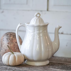 May include: A white ceramic teapot with a lid, a handle, and a spout, next to a small white pumpkin and a brown gourd. The teapot is on a wooden surface.