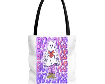Halloween Book Tote for Readers | Ghost & Bookshelf Bag | | Cute Ghost| Double Sided