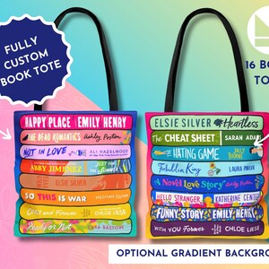 May include: Two custom book tote bags with black handles. One bag is blue and the other is pink. Each bag features a stack of book titles, including "Happy Place" and "Heartless". The text "Fully Custom Book Tote" and "16 Books Total" are also visible.