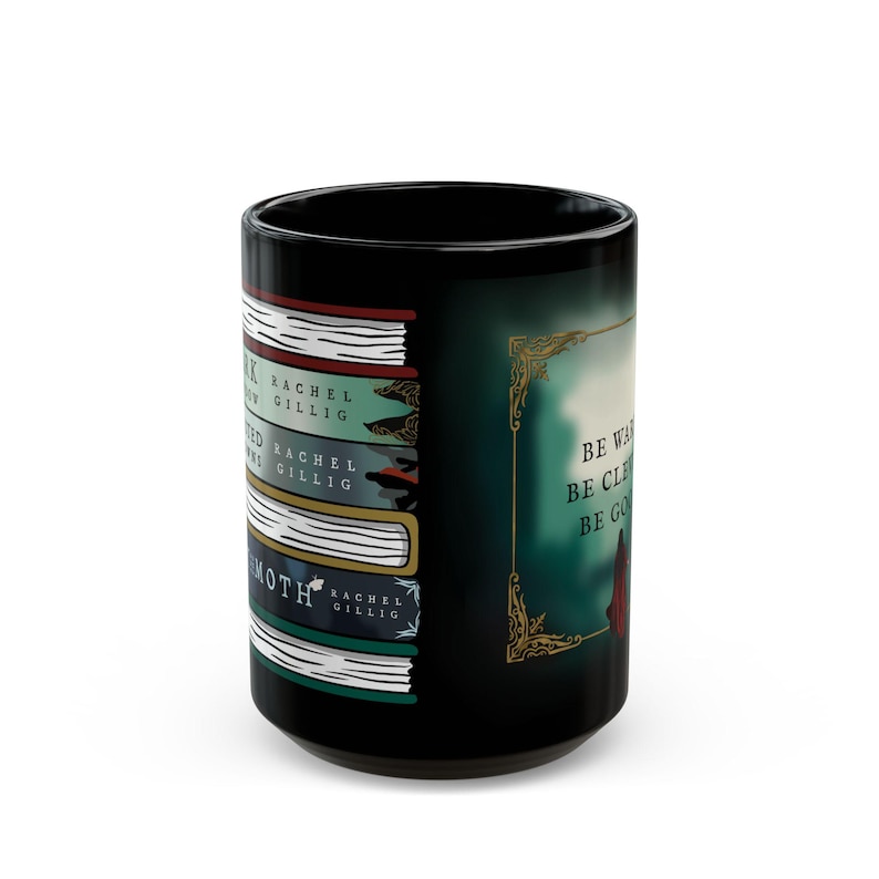 May include: Black ceramic mug featuring a stack of books with titles and author names. The mug also displays the text "Be Wise, Be Clear, Be Good" in a decorative frame. A unique gift for book lovers.