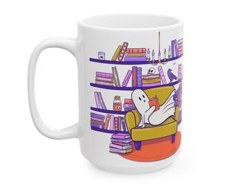 Cozy Ghost Book Mug – 11oz or 15oz Bookish Halloween Mug | Cute Ghost Reader Coffee Cup | Book Lover Gift | Spooky Book Stack Mug