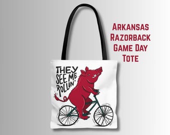 Funny Razorback Tote Bag – They See Me Rollin' Pig on Bicycle Canvas Tote for Arkansas Fans