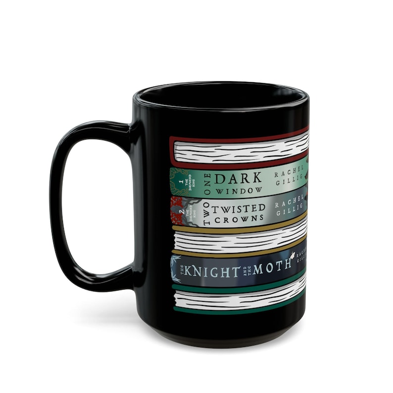May include: Black ceramic coffee mug featuring a stack of books design. The book spines display titles like "Dark Window" and "Twisted Crowns." The mug has a large handle for easy gripping and is suitable for hot or cold beverages.