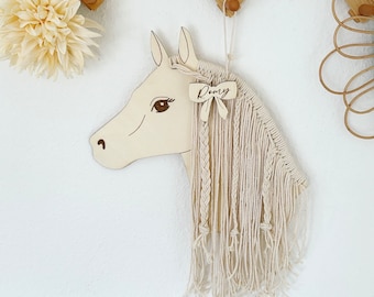 Porta mollette per capelli a forma di cavallo o unicorno con macramè e legno, decorazione per la cameretta dei bambini