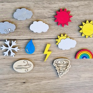Houten 12 weersymbolen, weertegels voor het weerstation, kaarten ter aanvulling van het dagplan, kind, Montessori, Waldorf