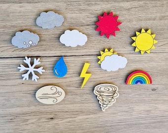 12 wooden weather symbols, tiles for the weather station, supplement for the daily schedule