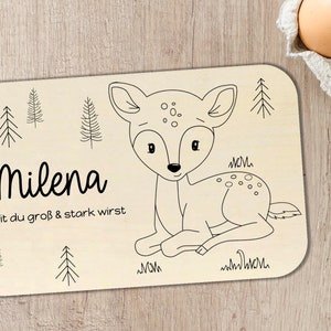 Children&#39;s breakfast board, snack board, cutting board, board with cute deer, forest animal