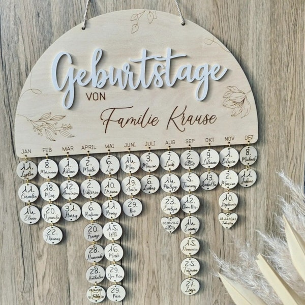 3D Geburtstagskalender Familie Holz, floral, Dekoration Wand, Geburtstag, Kalender für das ganze Jahr, 365 Tage, Geschenkidee Weihnachten