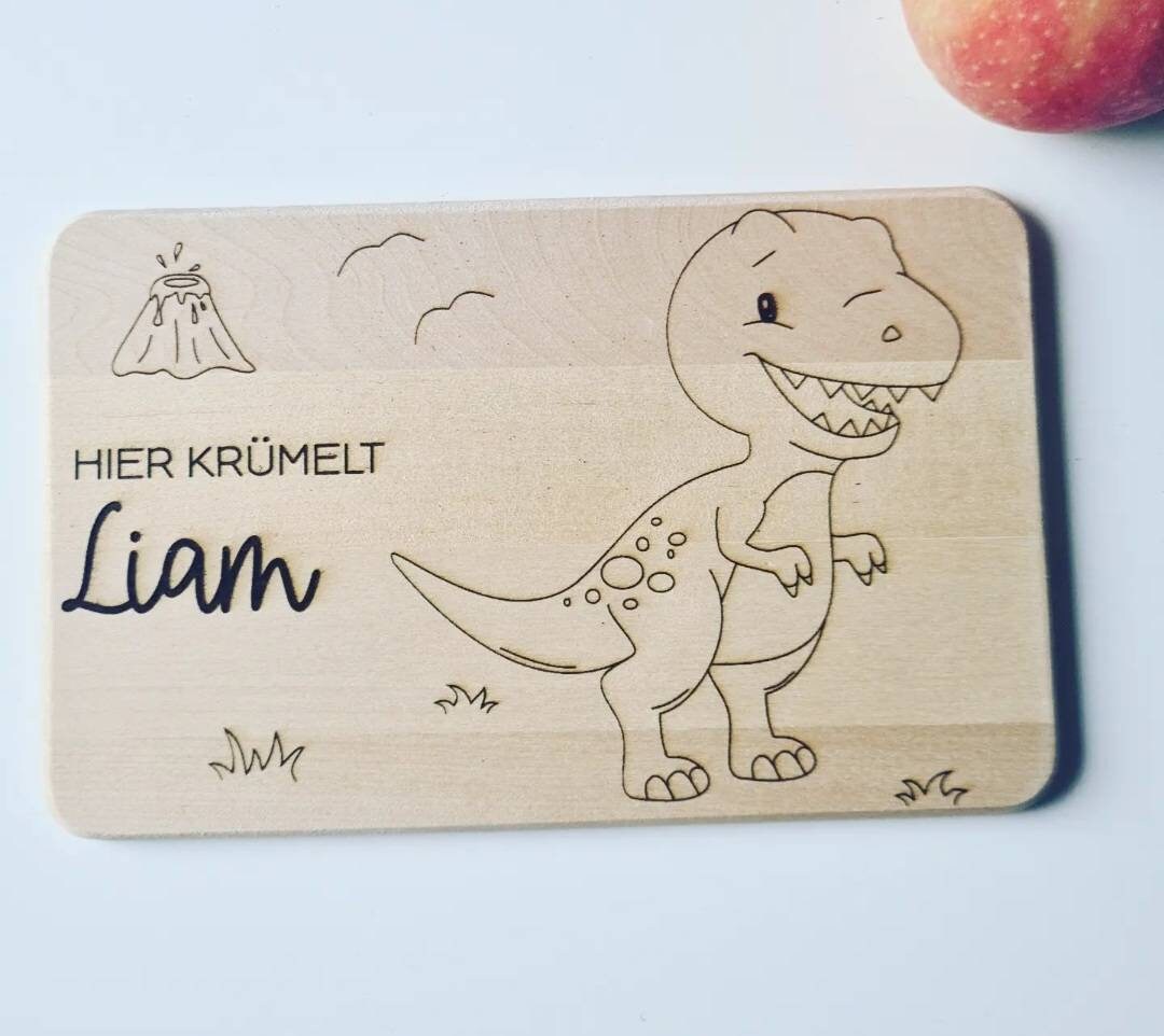 Frühstücksbrettchen Mit Dino-Gravur – Personalisierbar, Aus Ahornholz, 21x11 Cm – Geschenk Zur Einschulung