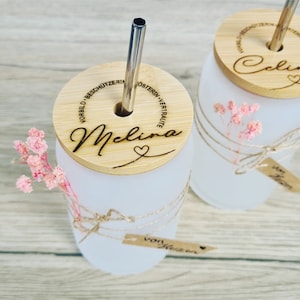 Personalized drinking glass with bamboo lid, farewell gift for educator, midwife, childminder, teacher, colleague, wood, gift idea