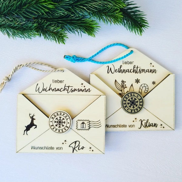 Wunschzettel an den Weihnachtsmann/ das Christkind, Brief, Umschlag, Wunschliste, Holz, personalisiert, Rentier, Zuckerstange oder Schmuck