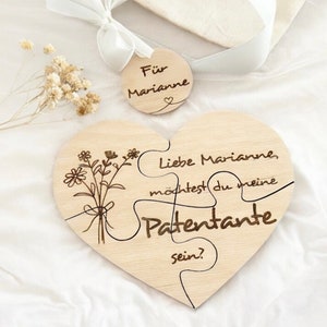 Cuore puzzle in legno, vorresti essere la mia madrina, padrino, testimone, dolce sorpresa, regalo, domanda, floreale, gravidanza