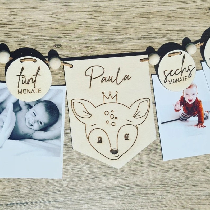 Garland 0 12 months with animal motifs, first year, 1st birthday, wooden photo banner, neutral, party decoration, milestone, bunting image 4