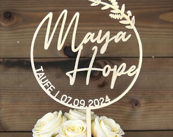 Cake topper with name and wreath, date and occasion, for the christening