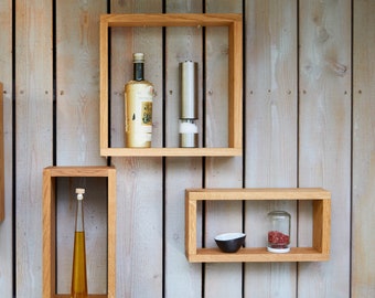 Juego de 3 estanterías cúbicas de roble | Estanterías de pared en forma de cubo | Mesita de noche colgante | Estantería infantil | Librería de roble macizo | Cubos de madera | Hecho a mano