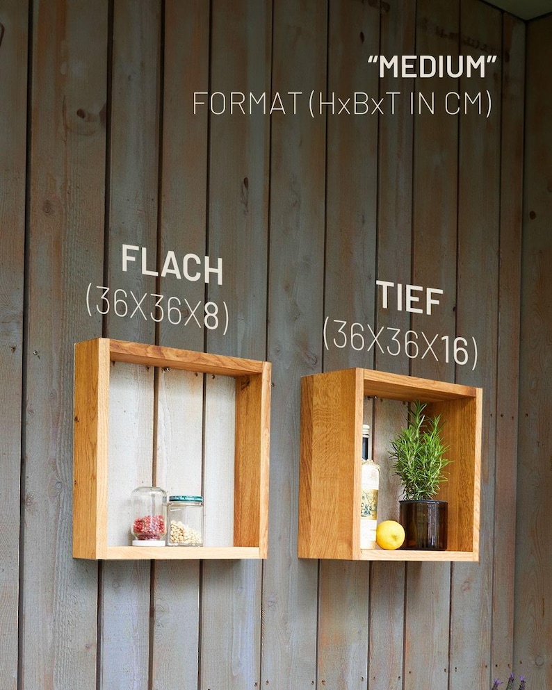 K&ouml;nnte beinhalten: Zwei Holz-Wandregale, eines flach und eines tief, mit den Ma&szlig;en "36x36x8" und "36x36x16" in Zentimetern. Die Regale sind aus Naturholz gefertigt und haben einen rustikalen Look. Das flache Regal hat zwei Glasbeh&auml;lter darauf, w&auml;hrend das tiefe Regal eine Flasche und eine Topfpflanze hat.
