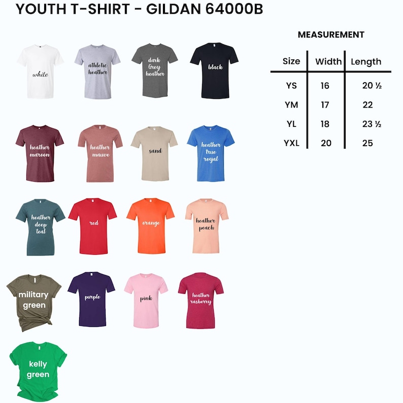 Pu&ograve; includere: Una tabella colori per t-shirt da giovani Gildan 64000B che mostra 17 magliette a maniche corte in vari colori, tra cui bianco, m&eacute;lange, grigio, nero, bordeaux, malva, sabbia, blu reale, verde acqua, rosso, arancione, pesca, verde, viola, rosa e lampone.